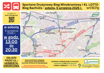 Sportano Drużynowy Bieg Winobraniowy oraz 41. LOTTO Bieg BachUZa - objazd w sobotę, 5 września 2026 r.